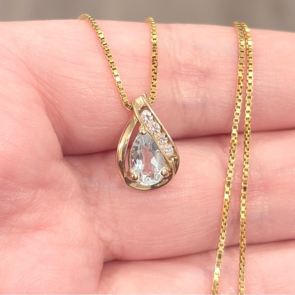 Petite 10K Blue Topaz Slider Pendant: CZ Accent Pear Teardrop Small Dainty Piece - Picture 5 of 13